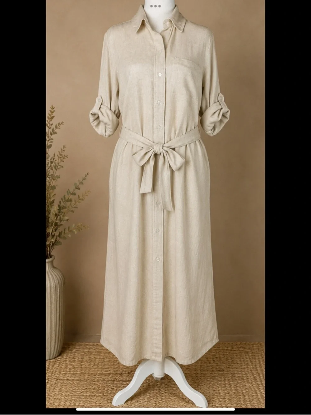 Natural Linen Coastal Maxi Shirtdress Belted Button Front Pockets S/P